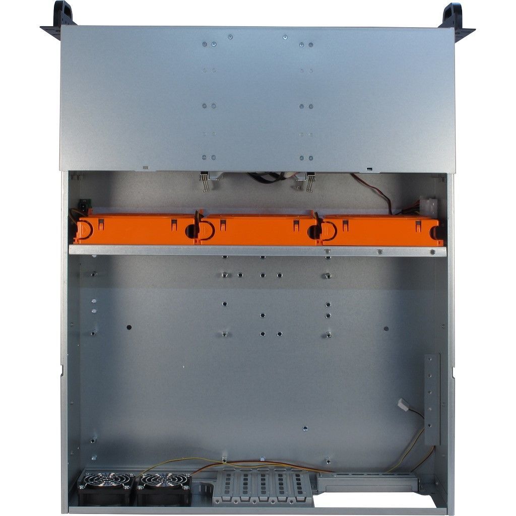 Rack serveur argenté avec composant orange. Il a des ventilateurs et points de montage.