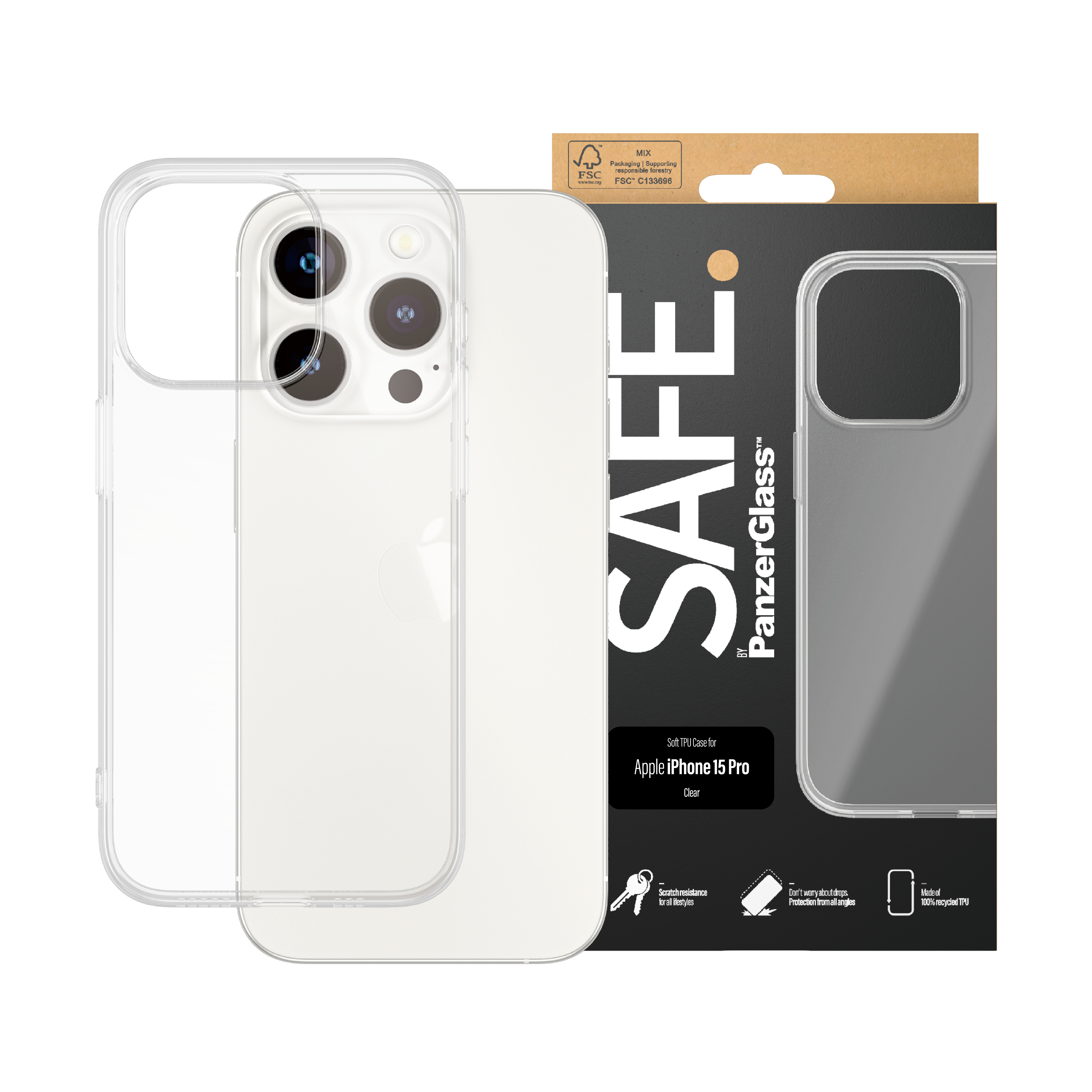 iPhone 15 Pro con una funda transparente. La funda es transparente. El teléfono es blanco.