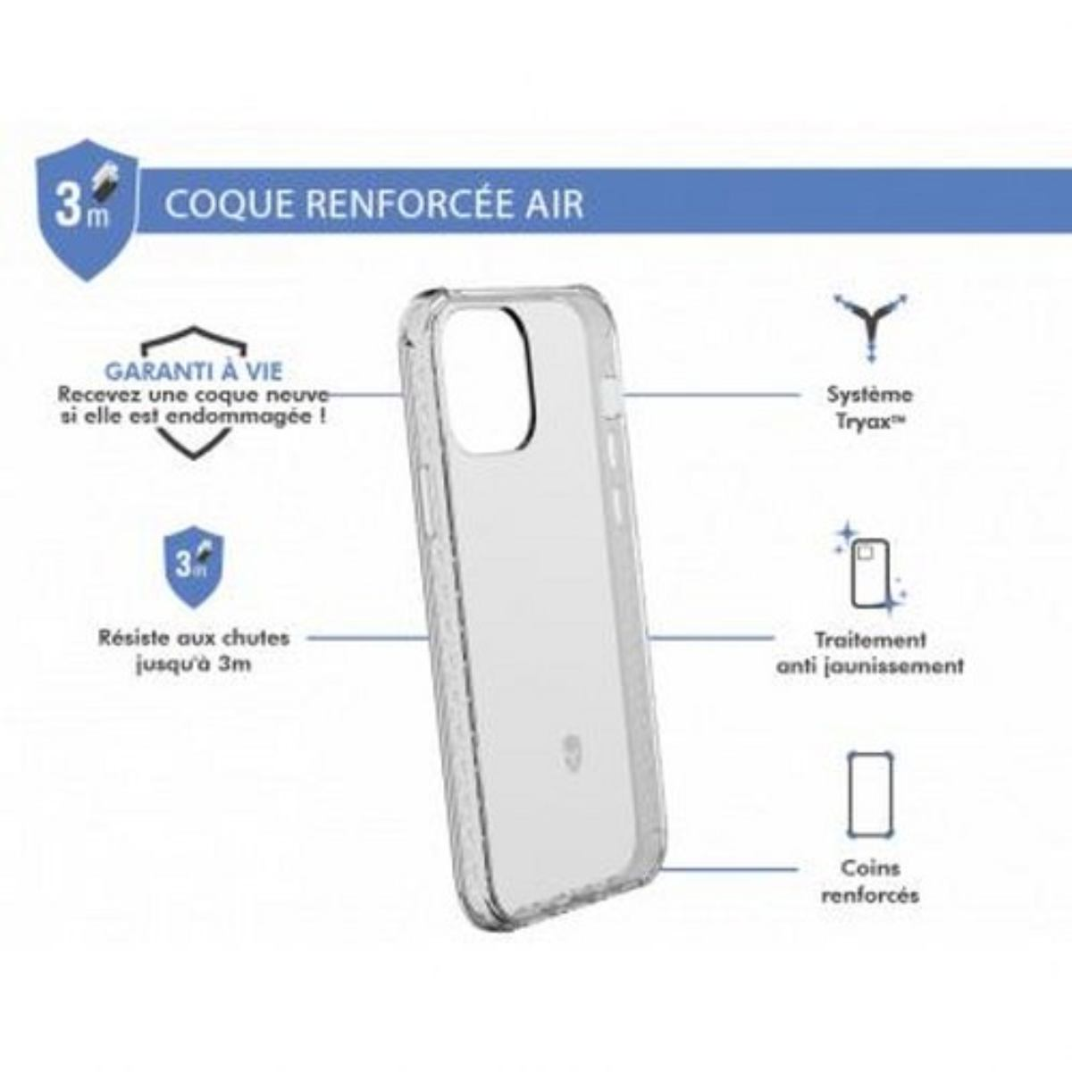 Custodia trasparente per telefono con testo e icone su sfondo bianco. Banner blu in alto.