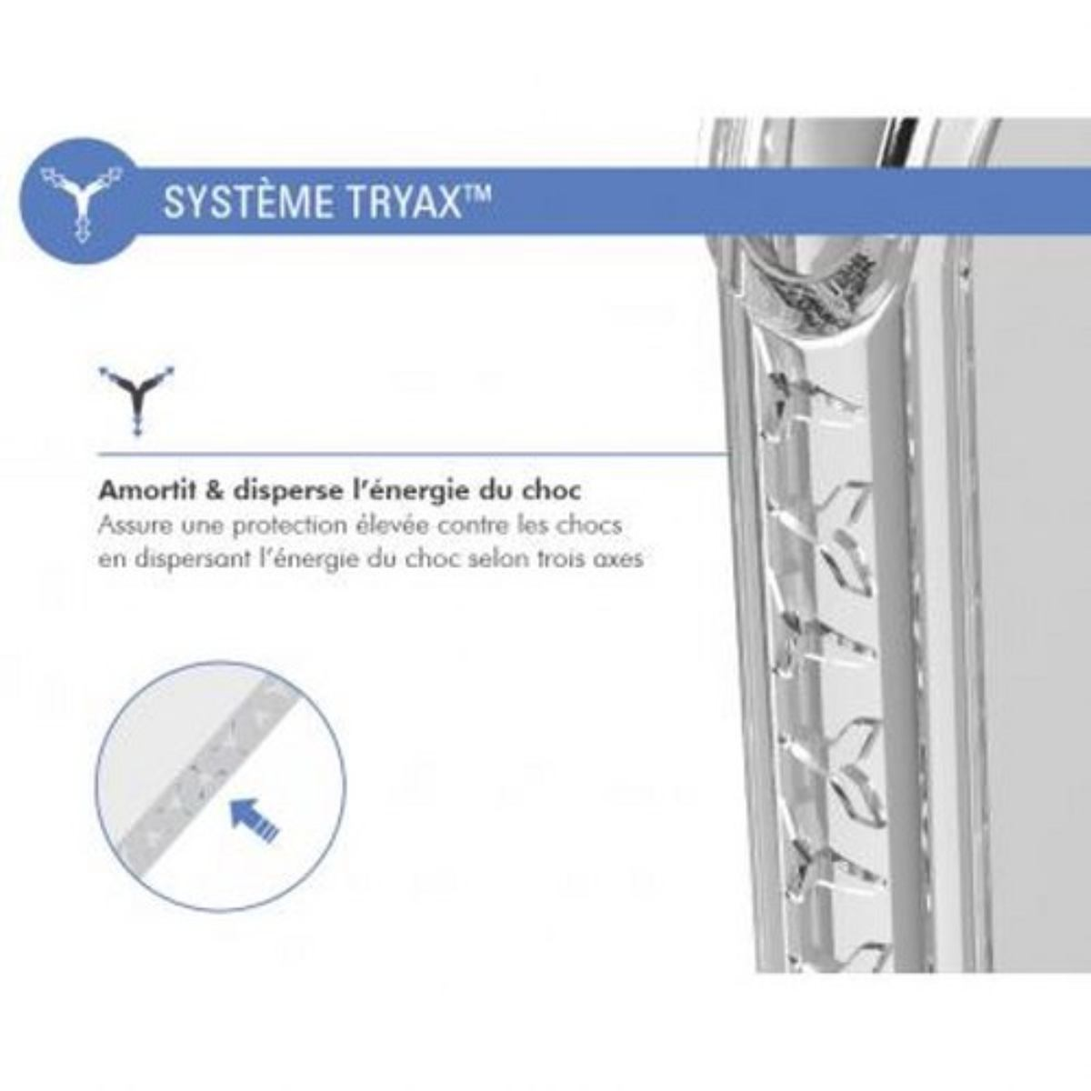 Primo piano del lato della custodia del telefono con dettagli del sistema Tryax. Sfondo bianco con freccia.