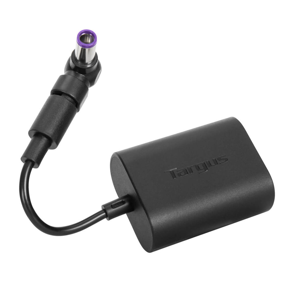 Caricabatterie per laptop Targus nero con punta viola. Ha un cavo e un connettore neri.