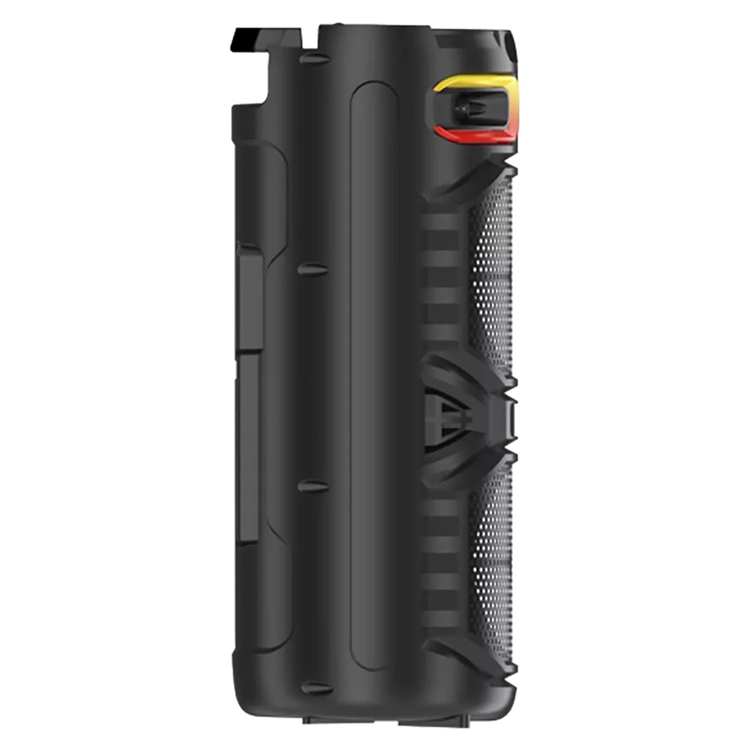 Czarny głośnik z siatką i różnymi przyciskami. Schemat kolorów czerwony, żółty i czarny.