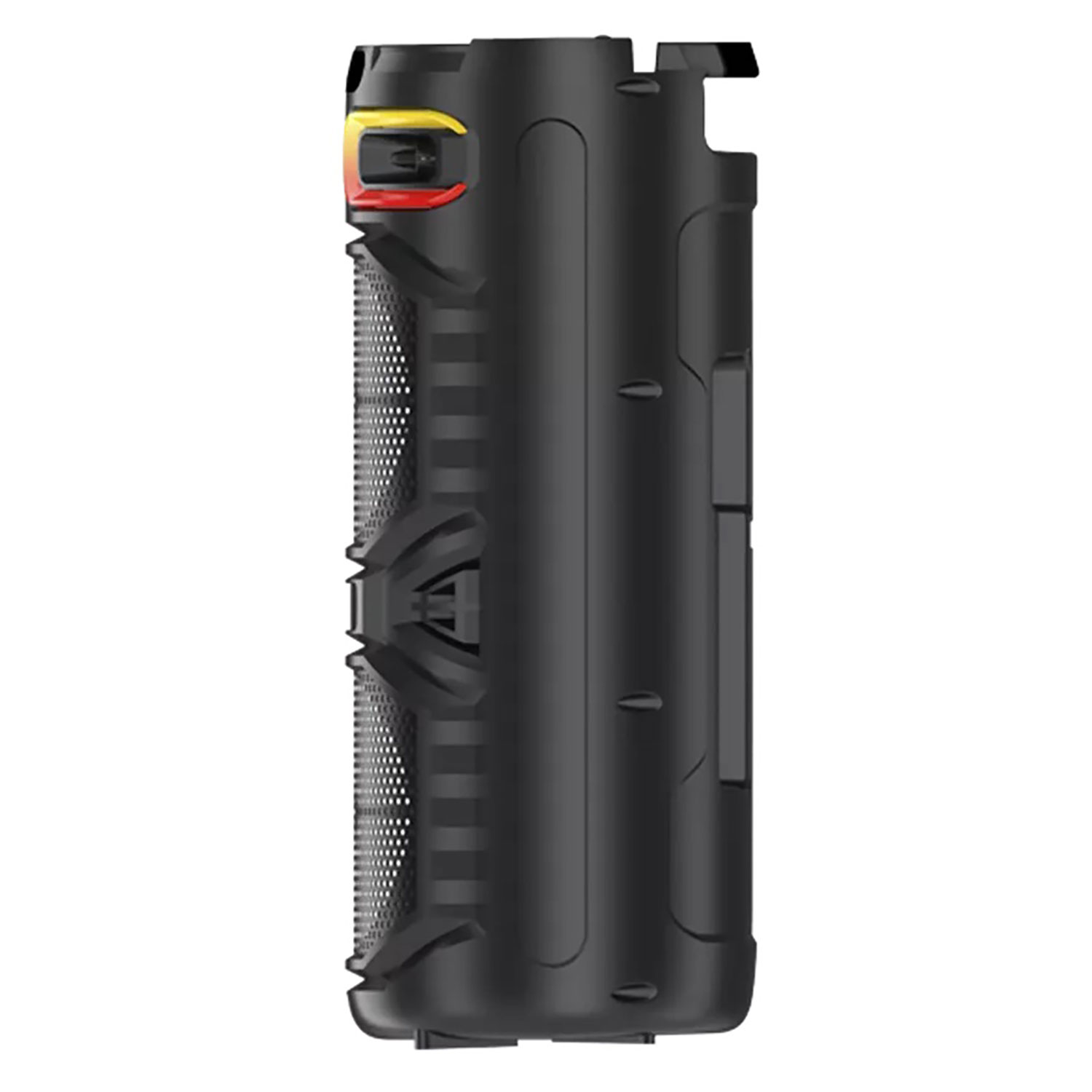 Czarny głośnik z siatkowym przodem. Ma żółte i czerwone światło na górze, widok z boku.