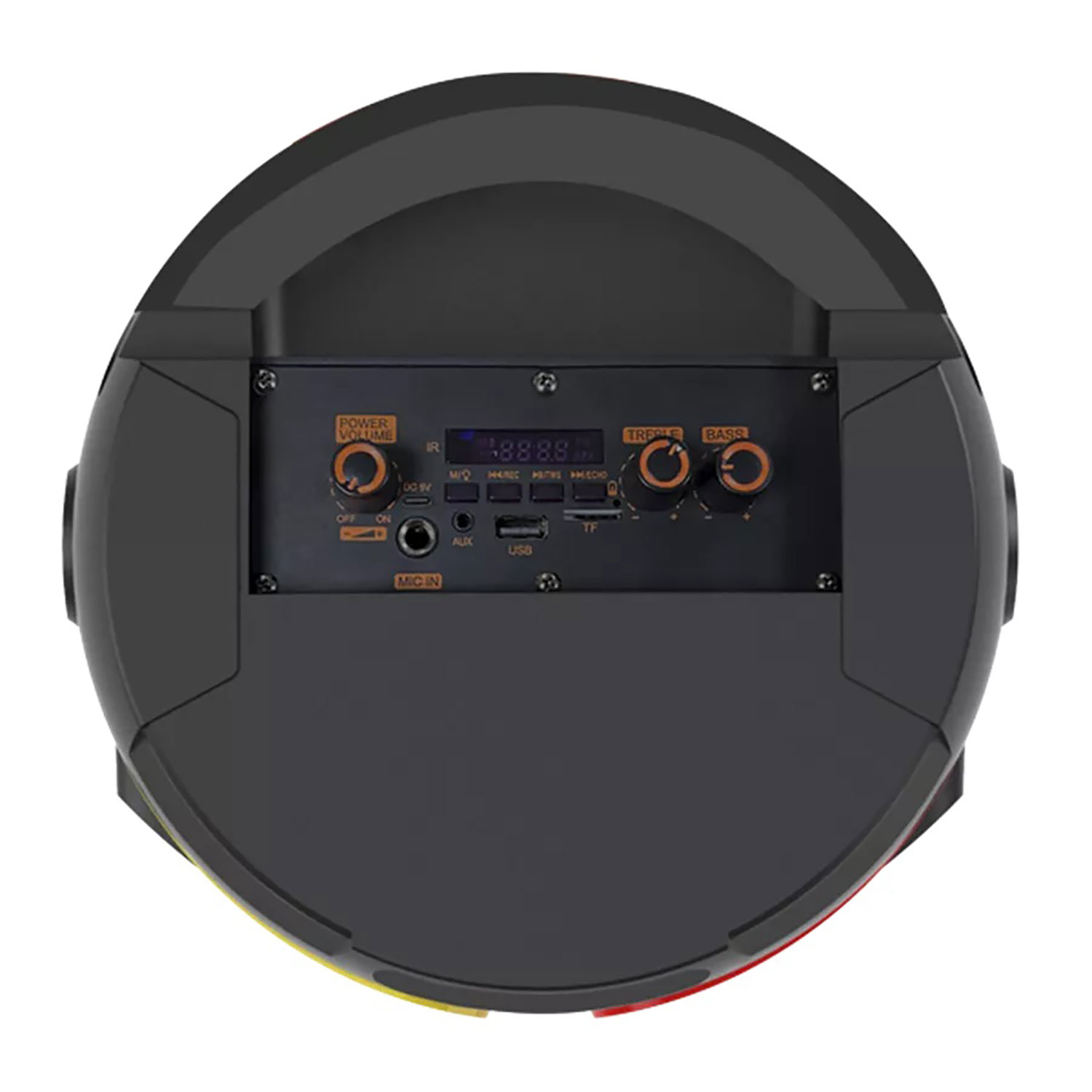 Czarny głośnik z panelem sterowania, przyciskami i wyświetlaczem. Widok z góry, ciemne tło.