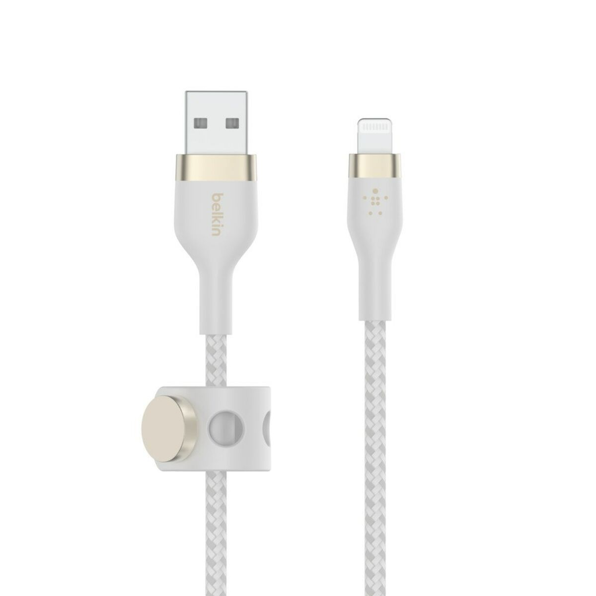 Biały kabel Belkin ze złączami USB i Lightning oraz organizerem kabli.