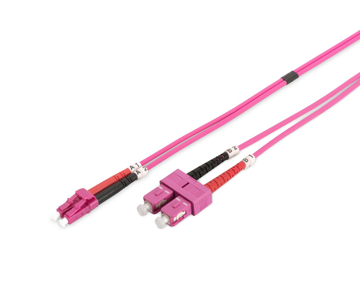 Due cavi in fibra ottica rosa con connettori, etichettati A1, A2, B1, B2.