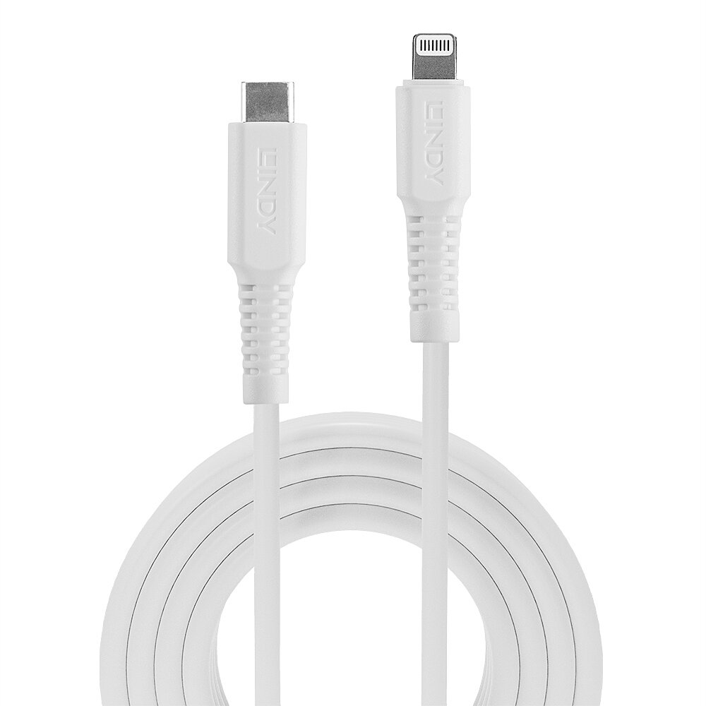 Biały kabel USB-C do Lightning, z białym zwiniętym kablem.