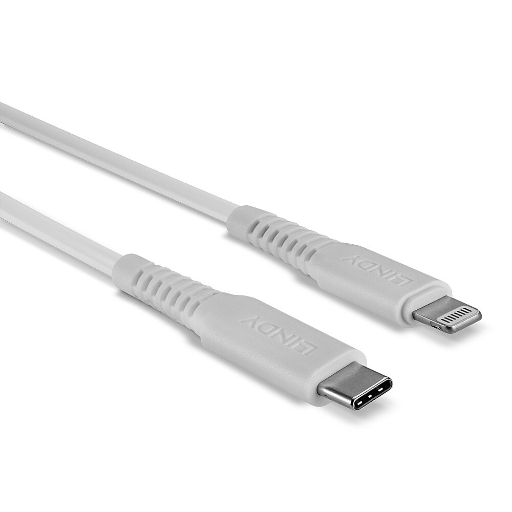Biały kabel z wtyczkami USB-C i Lightning na końcach, marka LINDY.