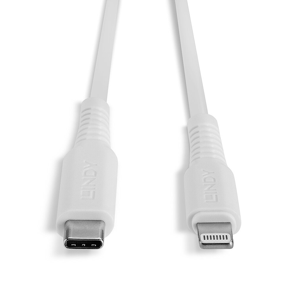Dwa białe kable USB-C do Lightning z nadrukiem 'LINDY' na złączach.