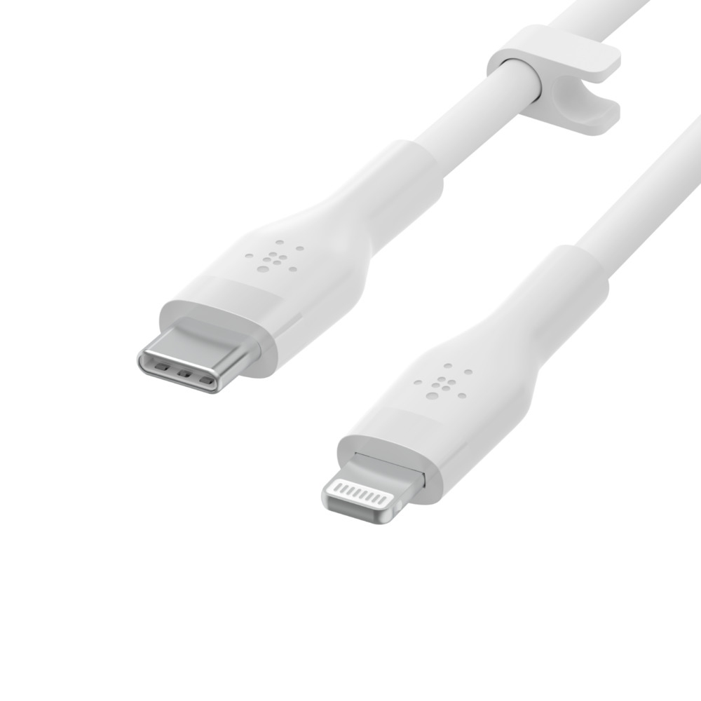 White Belkin USB-C to lightning cable.  White background.