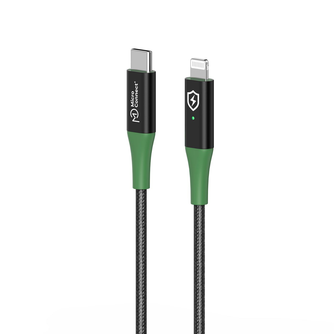 Cavo da USB-C a Lightning verde e nero. Sfondo bianco.