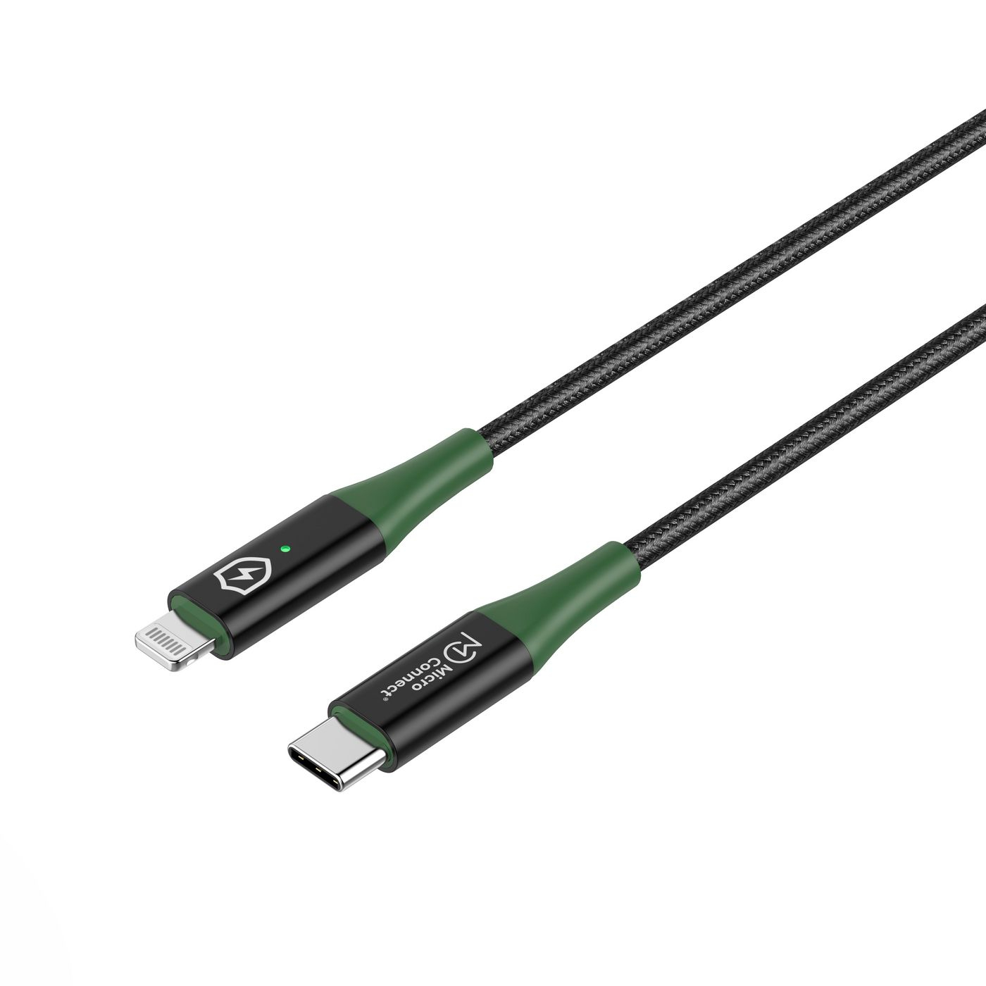 Cavo di ricarica nero e verde con connettori Lightning e USB-C. Il cavo è nero.