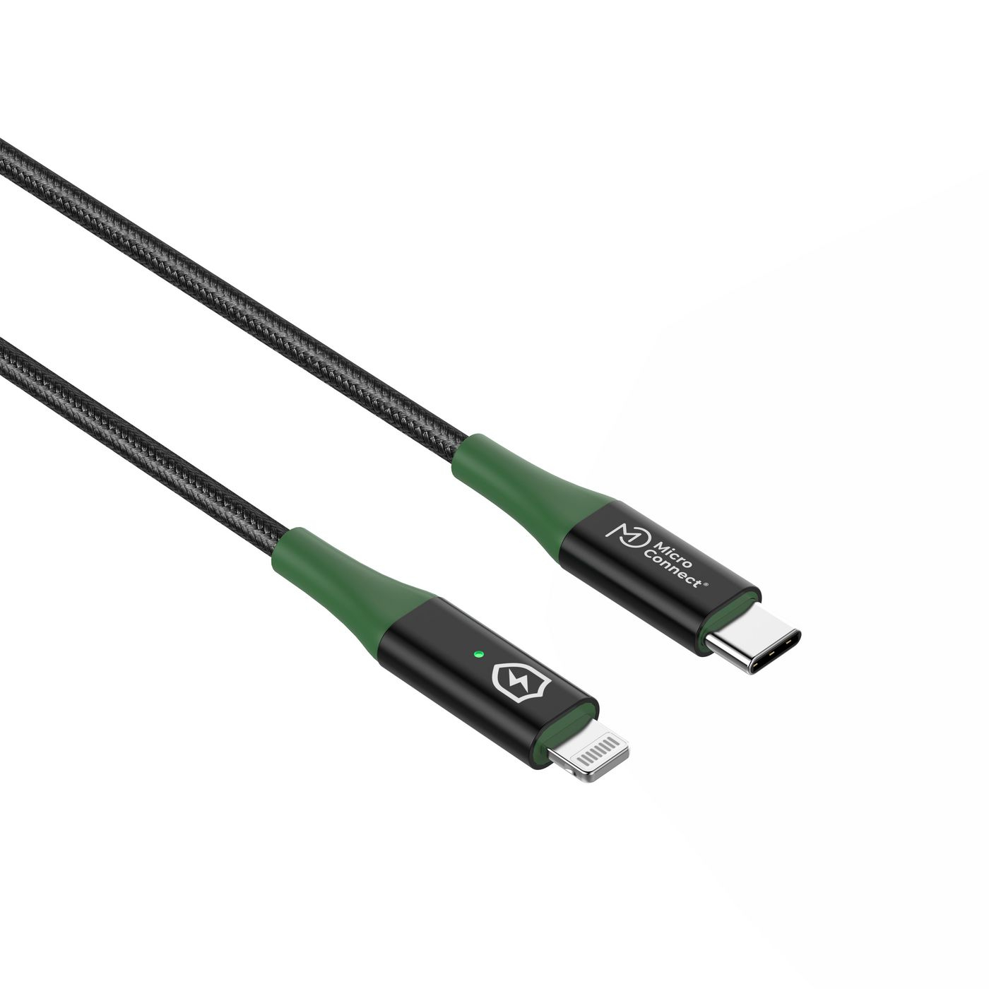 Cavo di ricarica nero e verde con connettori Lightning e USB-C. Il cavo è nero.