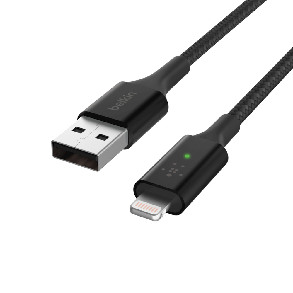 Cavo Belkin nero con connettore USB-A e Lightning. Il cavo è nero.