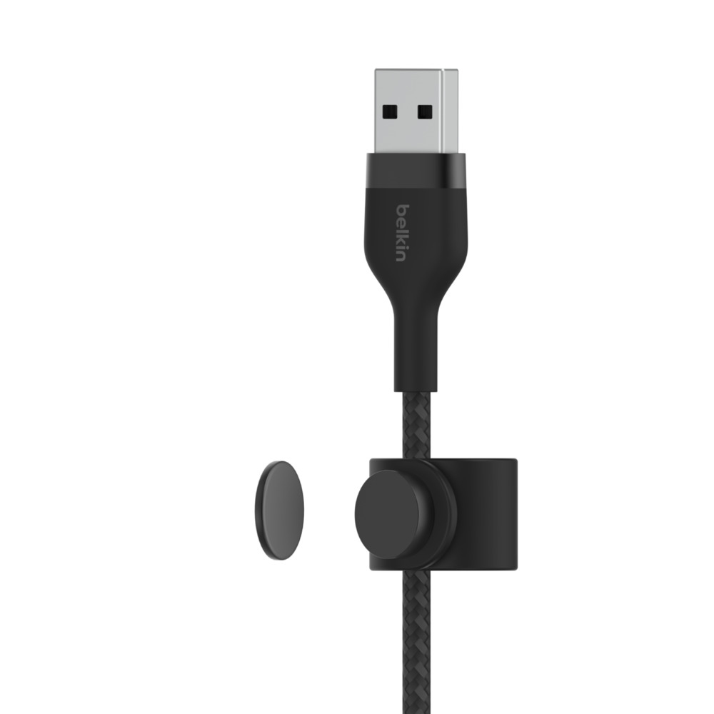 Czarny kabel USB Belkin z plecioną teksturą i organizerem kabli.
