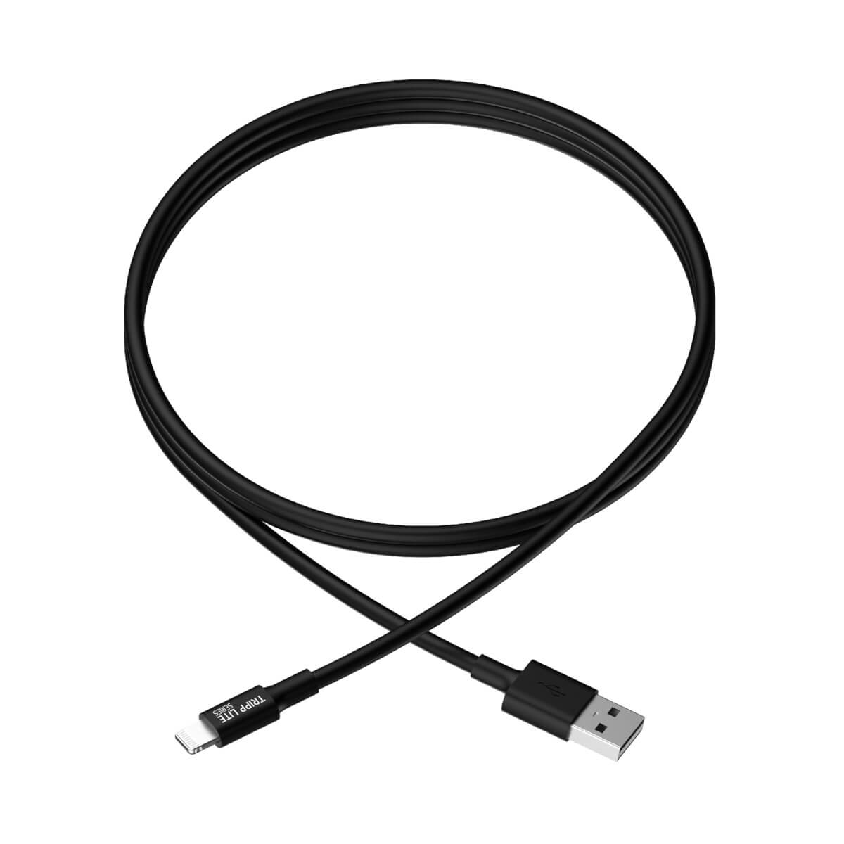 Czarny kabel ładujący z USB i złączem Lightning, w pętli, na białym tle.