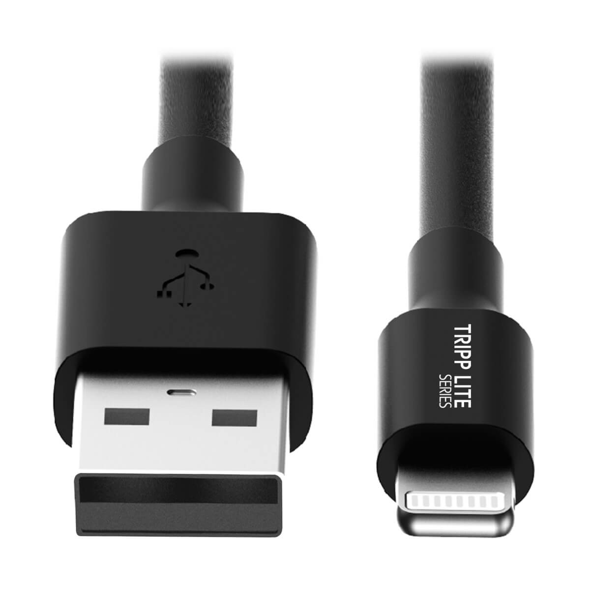 Czarny kabel USB do Lightning. Złącza USB i Lightning. Białe tło.