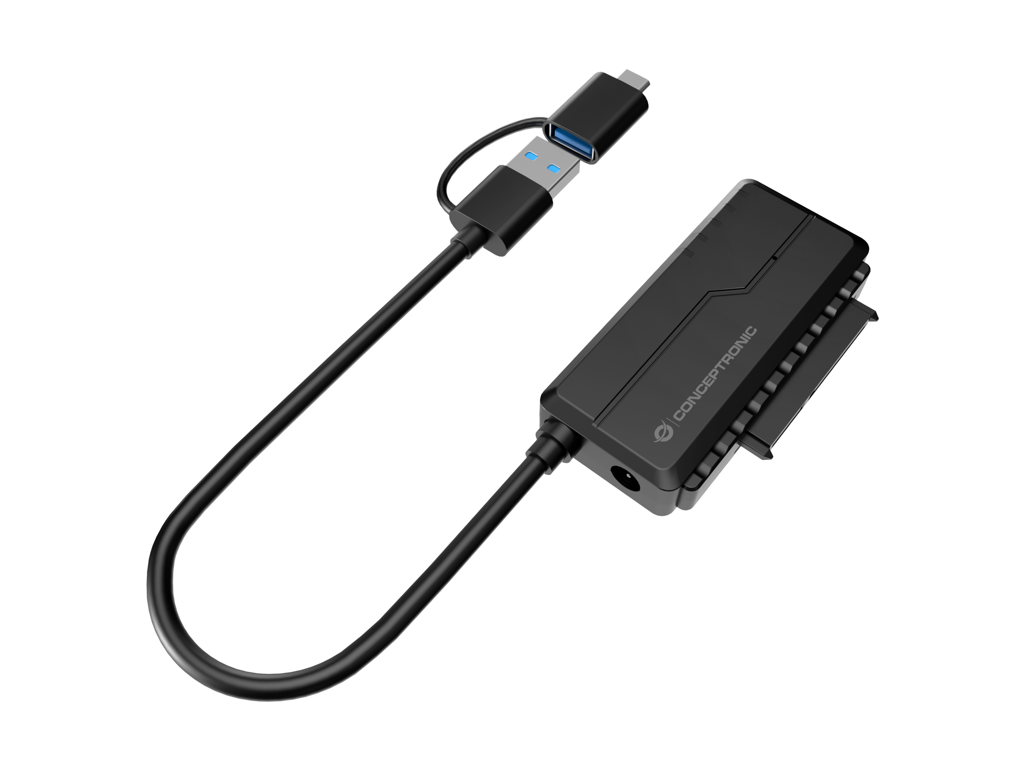 Czarny adapter Conceptronic ze złączem USB-C i USB. Na białym tle.