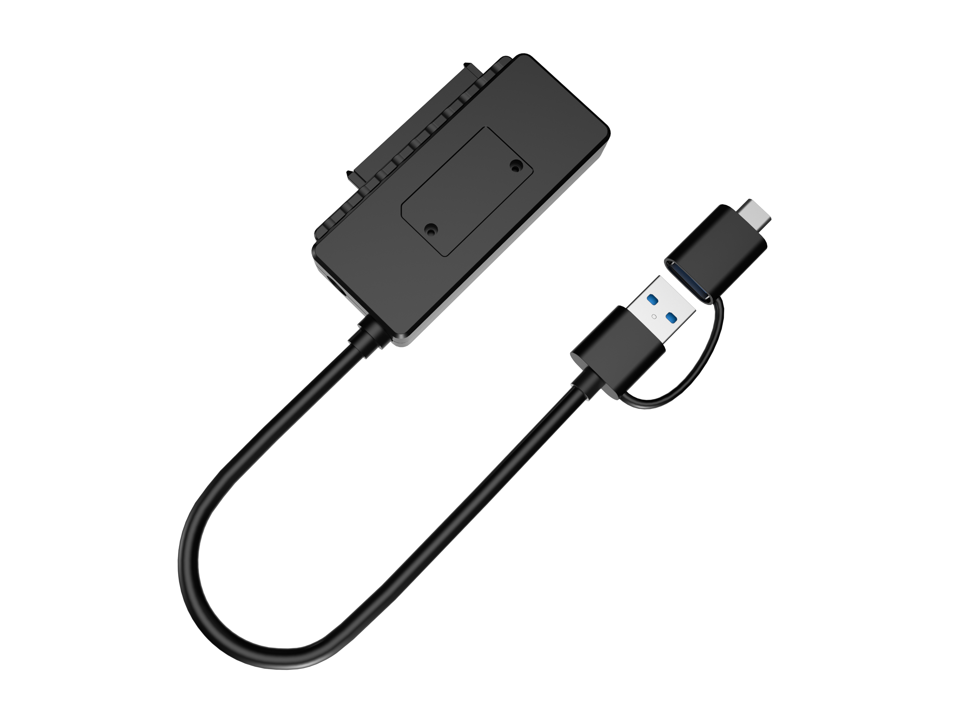 Czarny adapter z portami USB i USB-C. Białe tło.