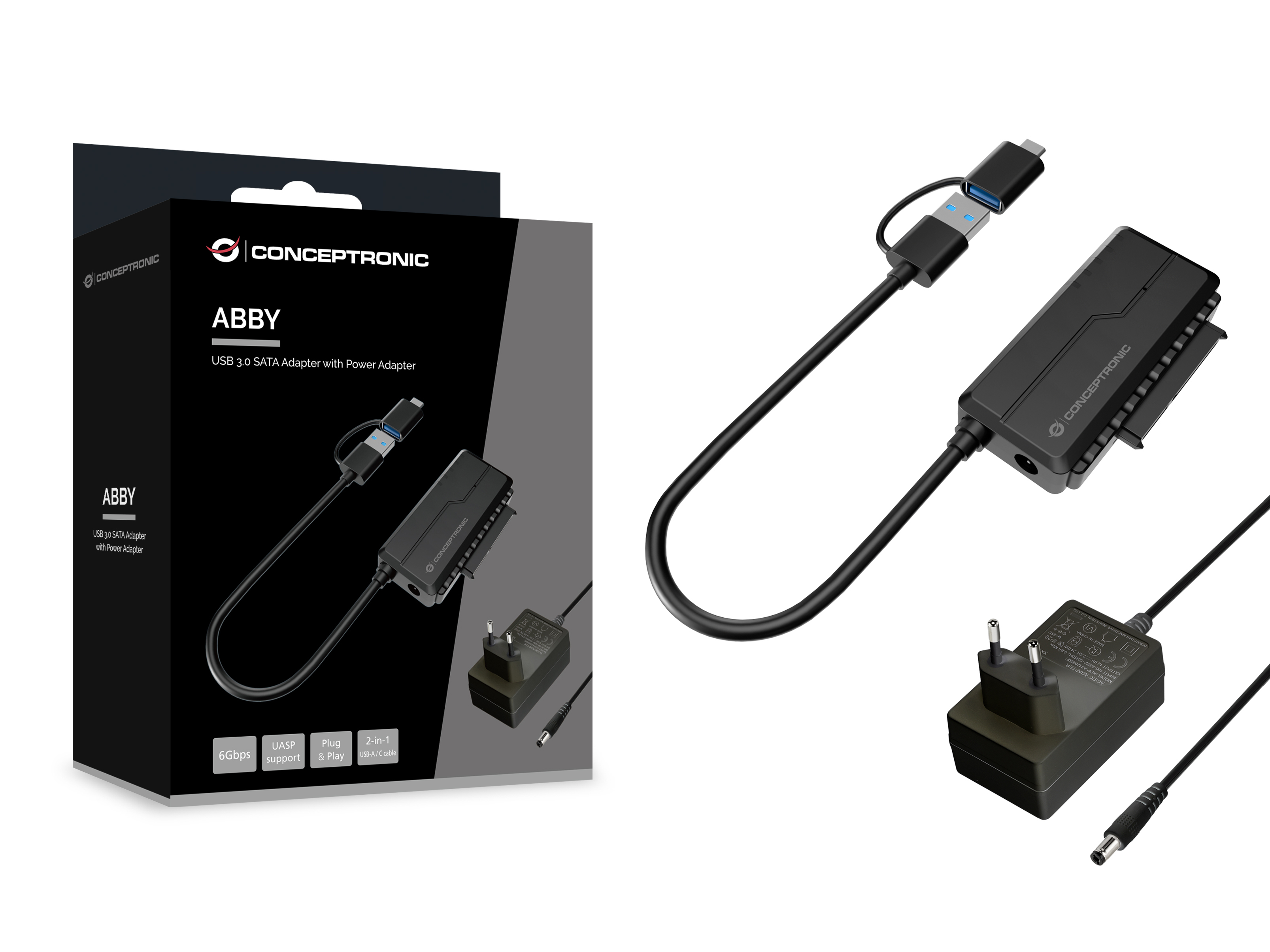 Adapter USB 3.0 SATA Conceptronic z zasilaczem i pudełkiem na białym tle.