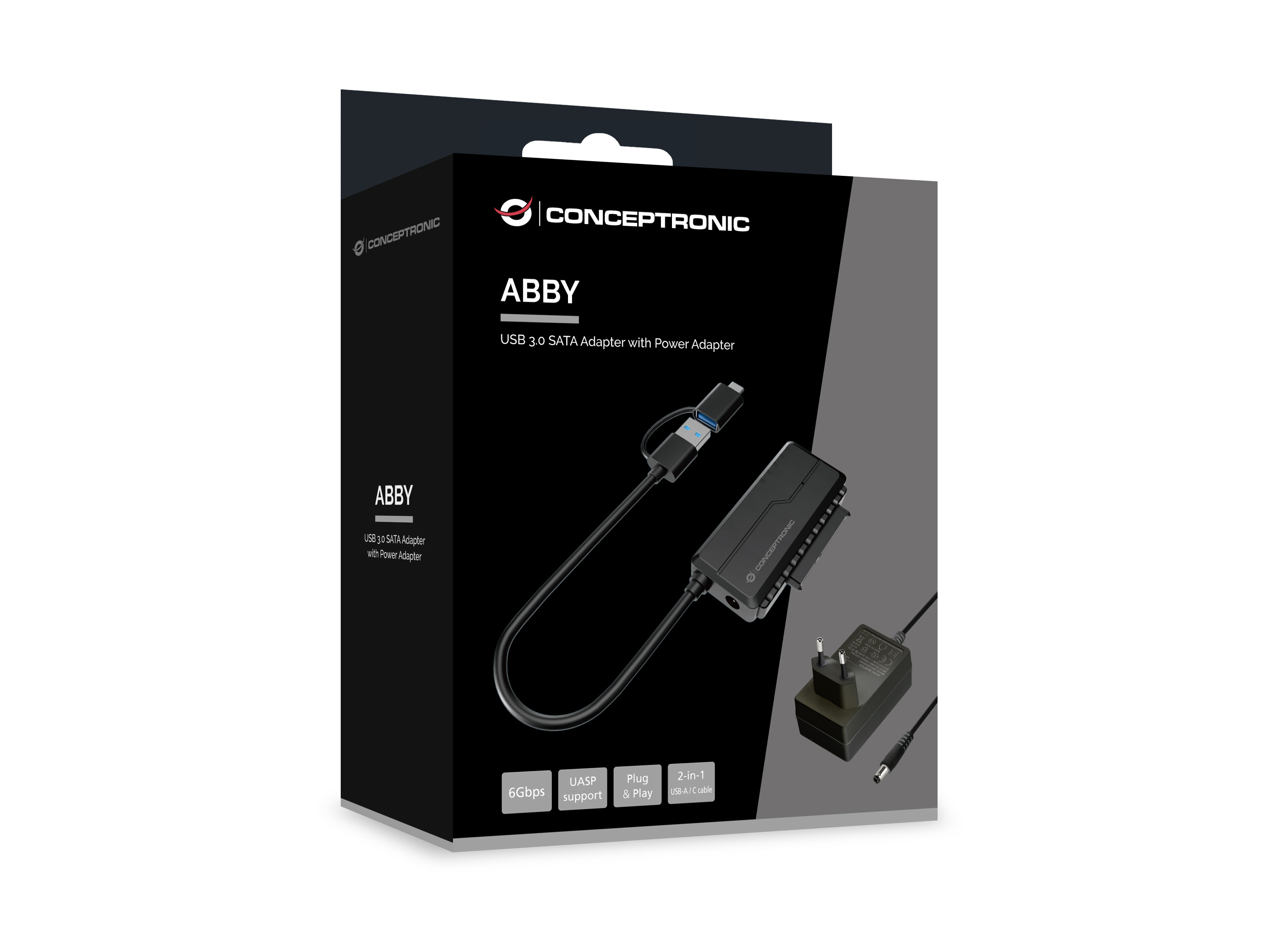 Czarne i czerwone pudełko Conceptronic z adapterem USB 3.0 SATA i zasilaczem.