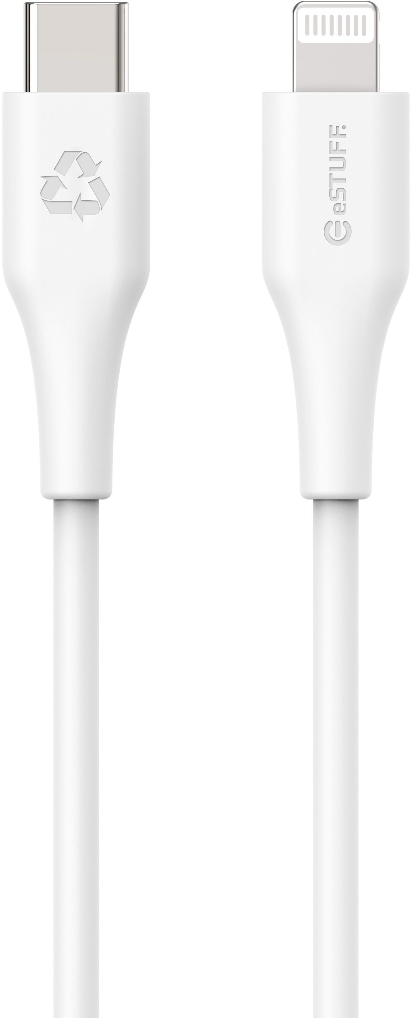 Cavo USB-C e Lightning bianco. Estremità sinistra con simbolo riciclo, destra con logo eSTUFF.