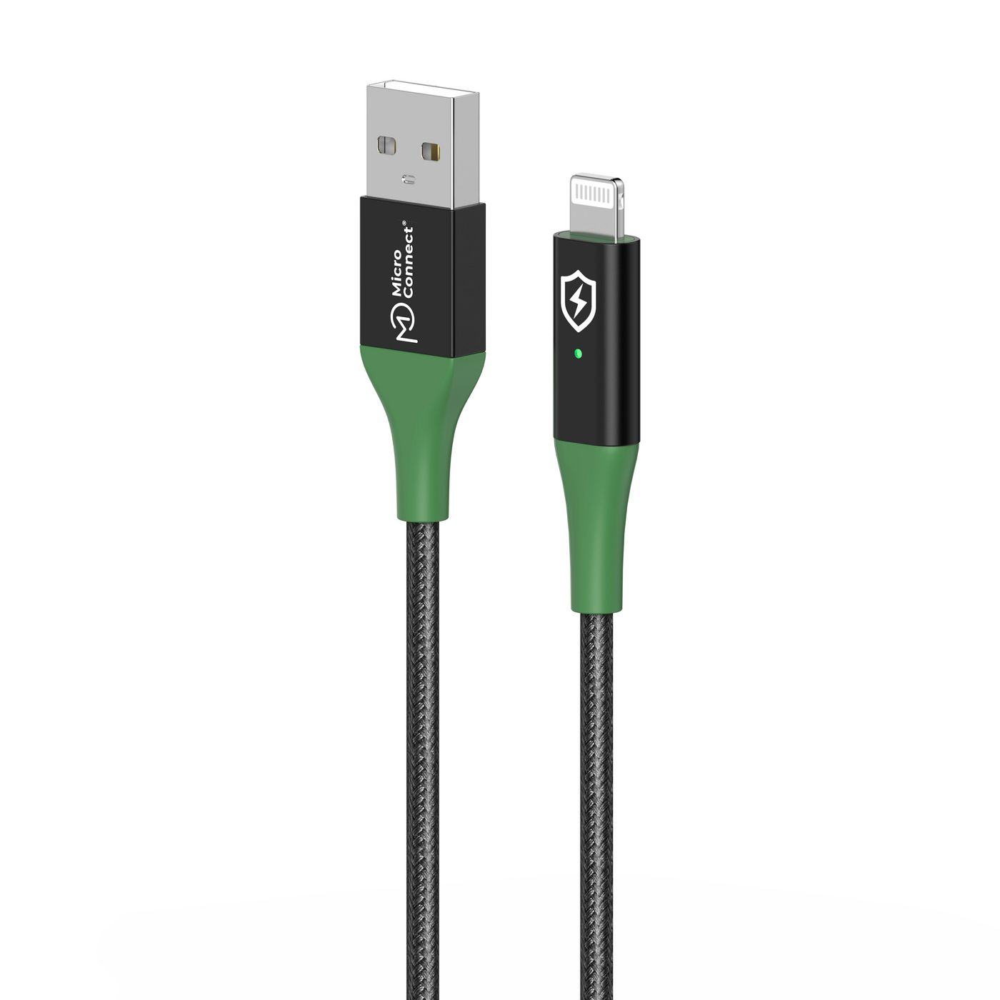 Cavo di ricarica Micro Connect nero e verde con connettori USB e Lightning, sfondo bianco.