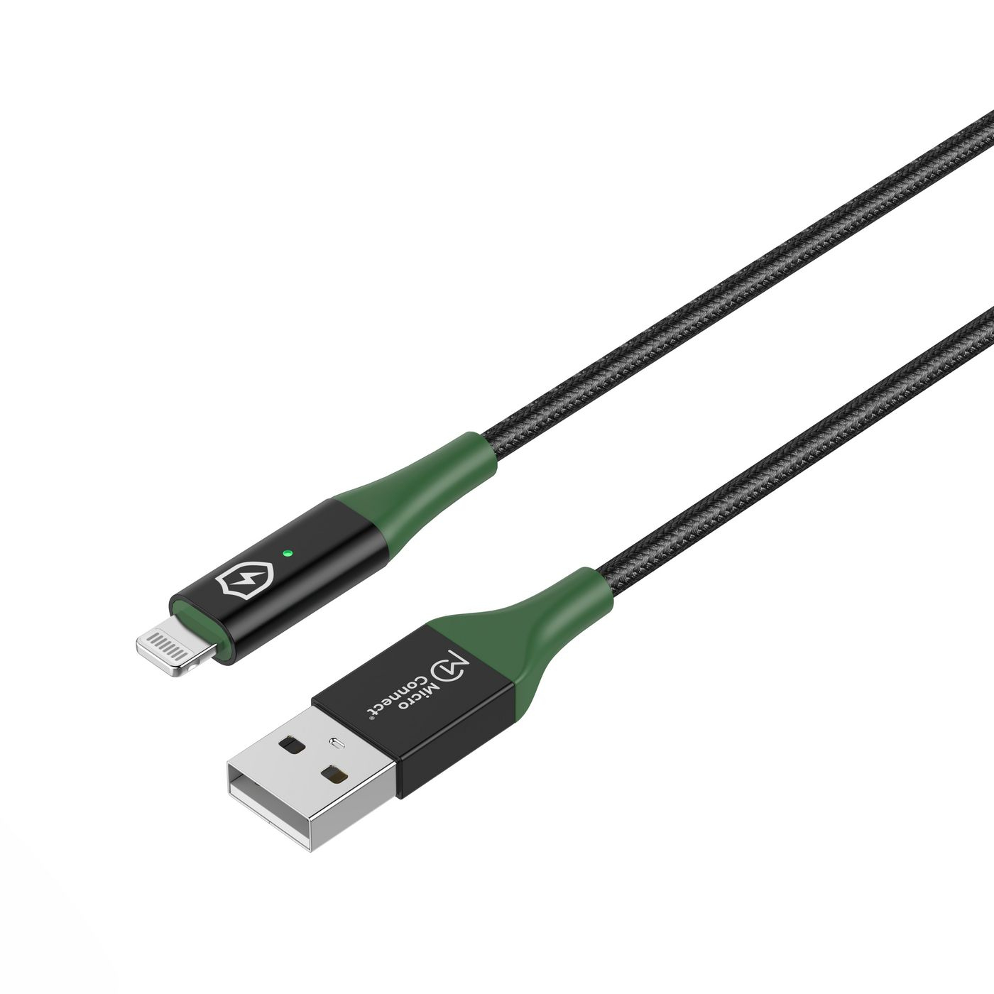 Cavo da Lightning a USB nero. L'estremità Lightning ha un accento verde.
