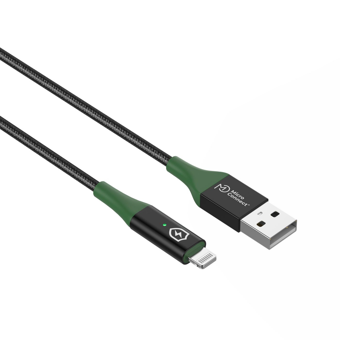 Cavo Micro Connect nero con USB-A e connettore Lightning, dettagli verdi.