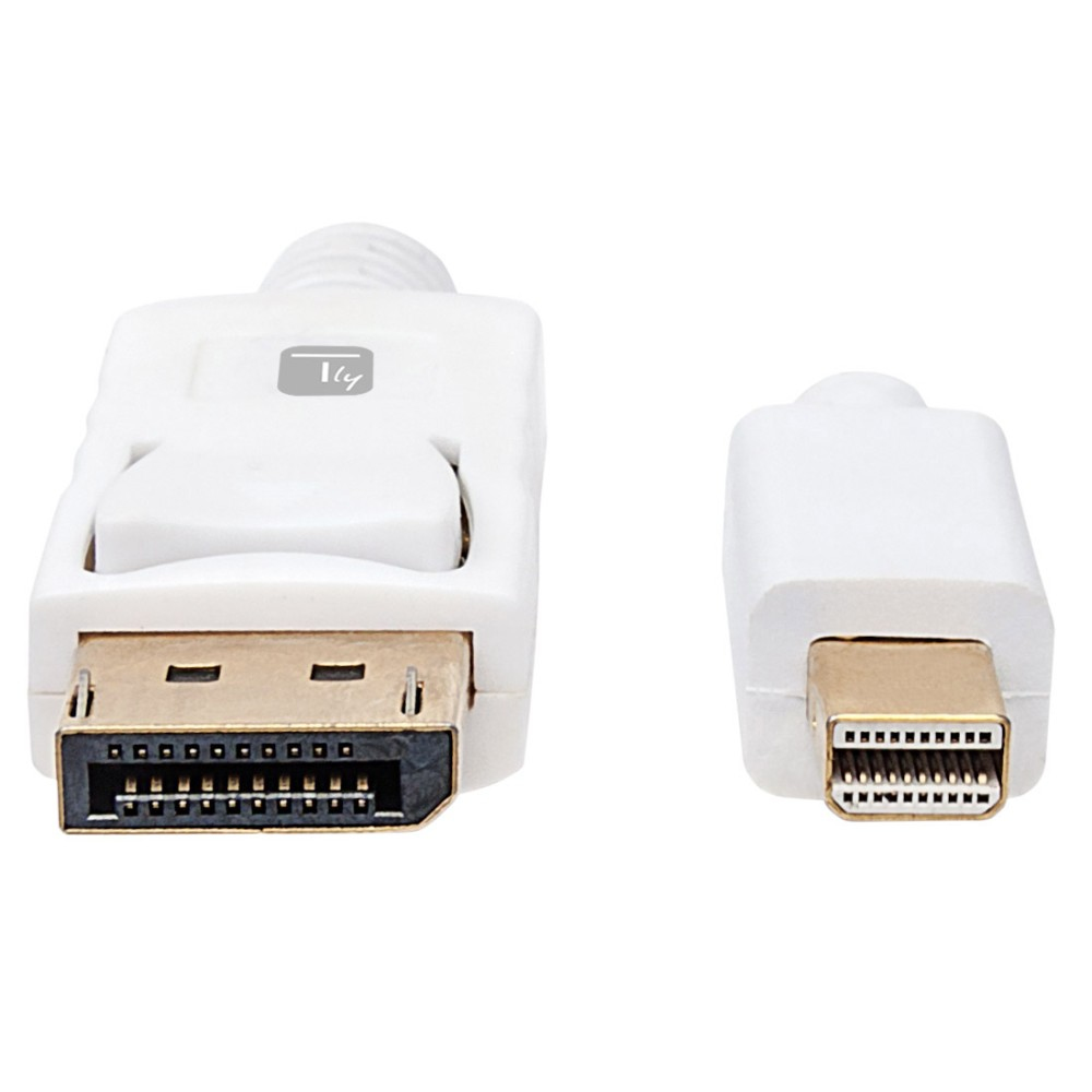 Cavo DisplayPort bianco con connettore DisplayPort e Mini DisplayPort.