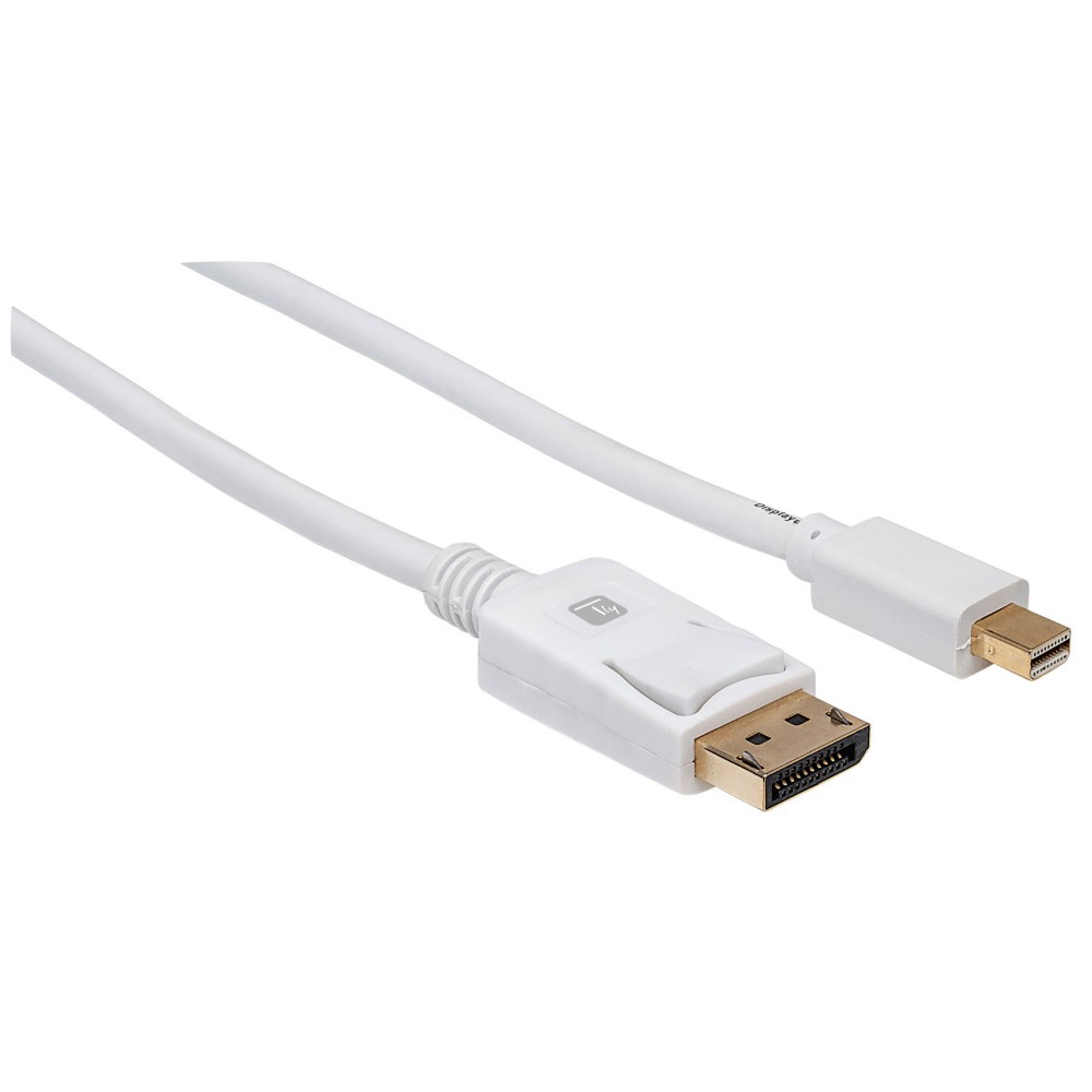 Cavo DisplayPort bianco con connettori su entrambe le estremità. Il cavo è su una superficie bianca.