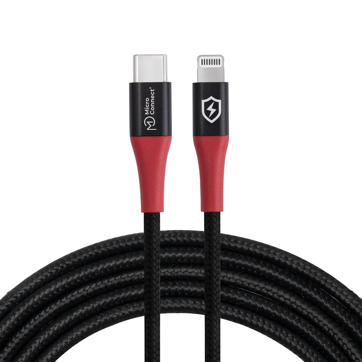 Cavo da USB a Lightning nero. L'estremità Lightning è rossa, e anche l'USB.