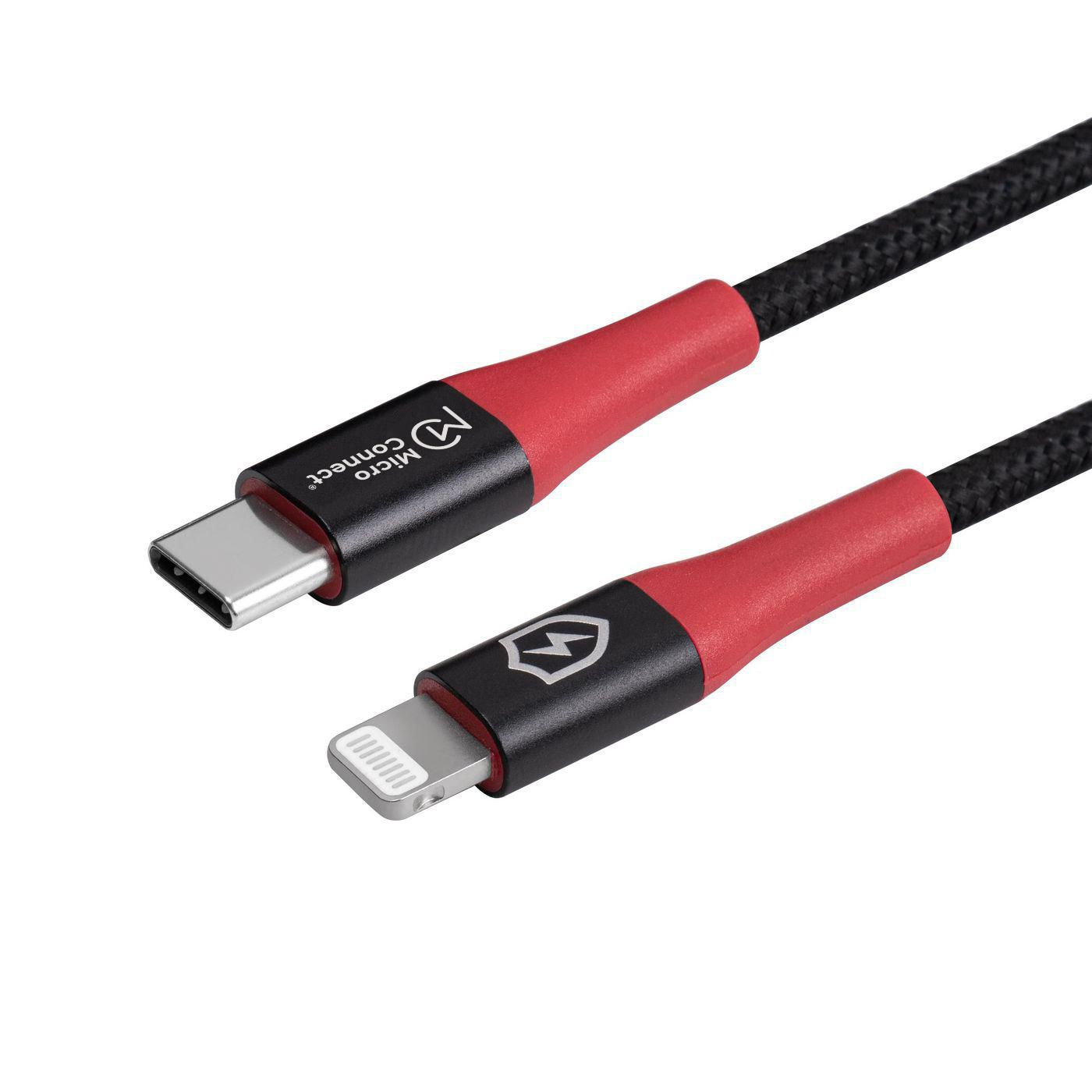 Cavo Micro Connect nero con connettori USB-C e Lightning, dettagli rossi.