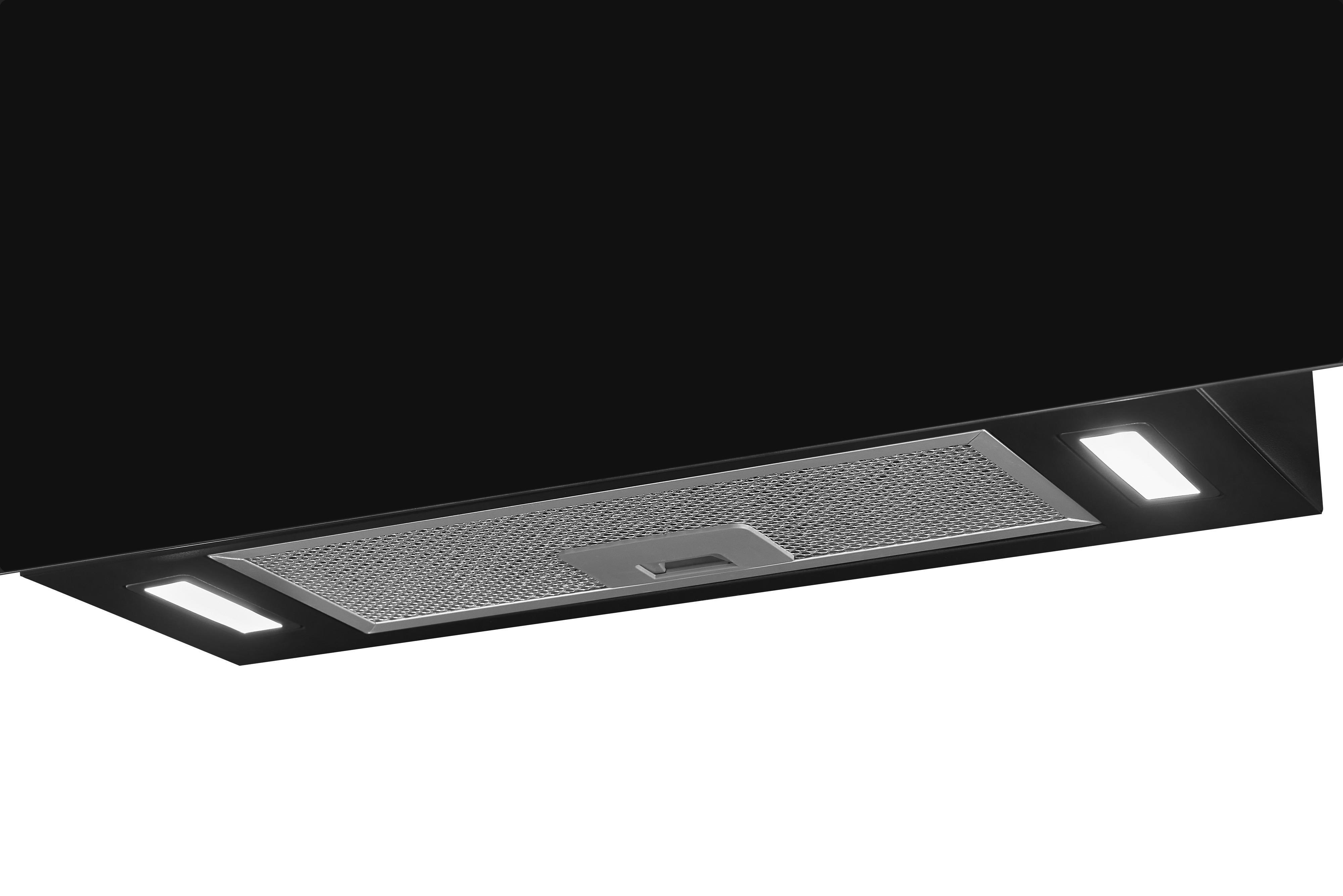 Schwarze Dunstabzugshaube mit LED-Leuchten und einem Metallgitterfilter. Die Oberfläche ist glänzend.