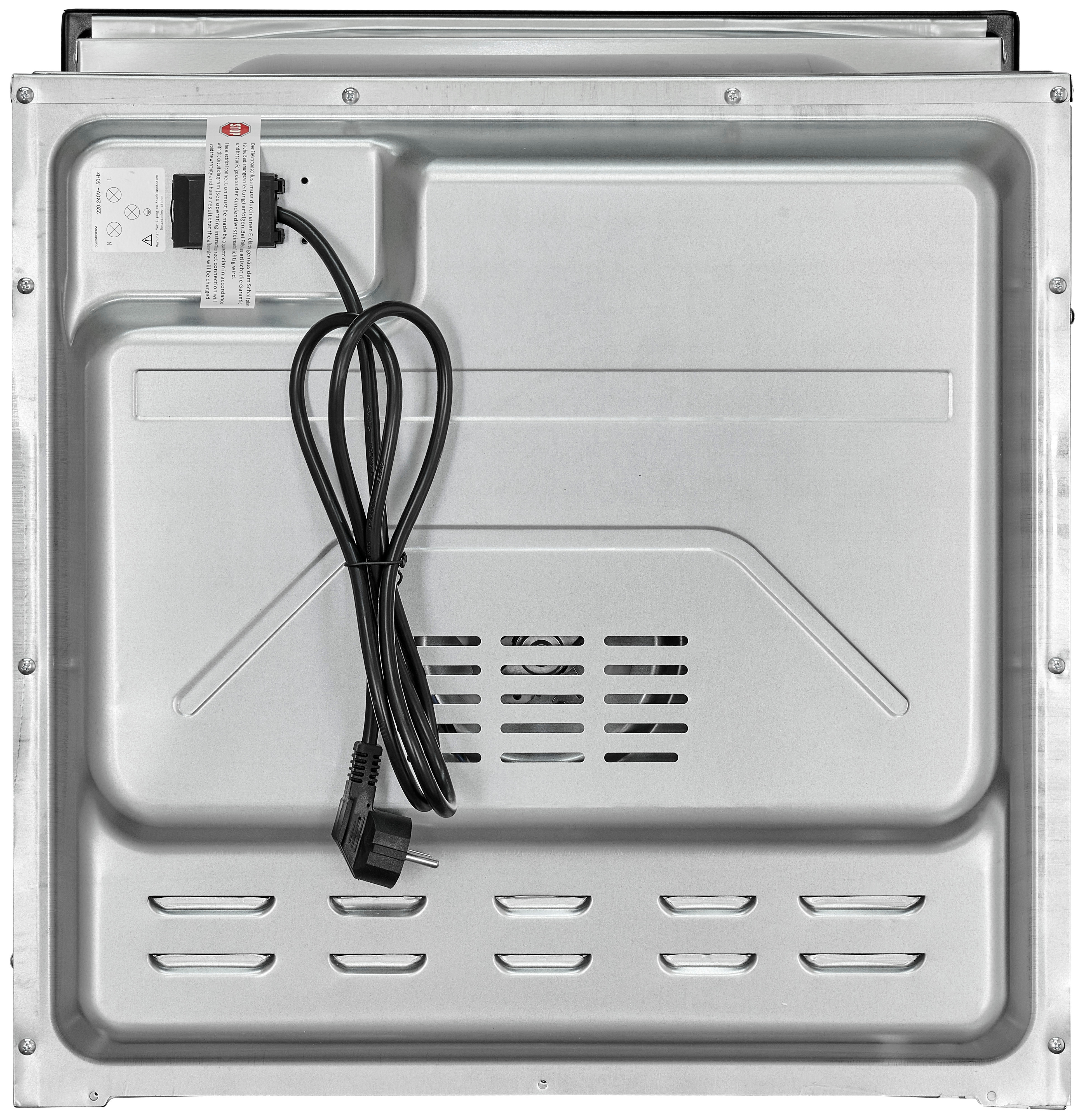 La parte inferior de un electrodoméstico, que muestra el panel trasero, un cable de alimentación y una ventilación.