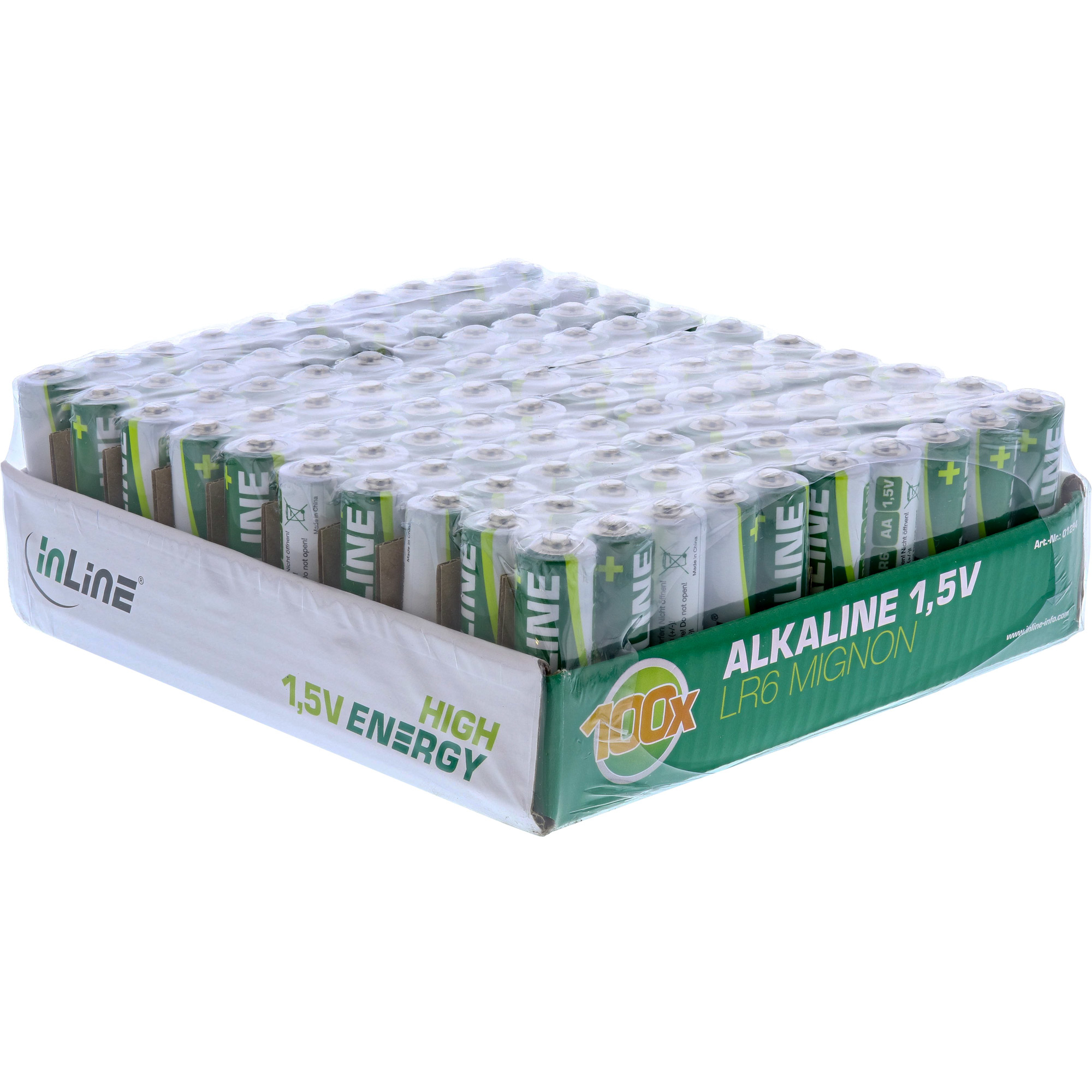 Un vassoio con molte batterie AA, avvolte in plastica trasparente. Etichette verdi e bianche.