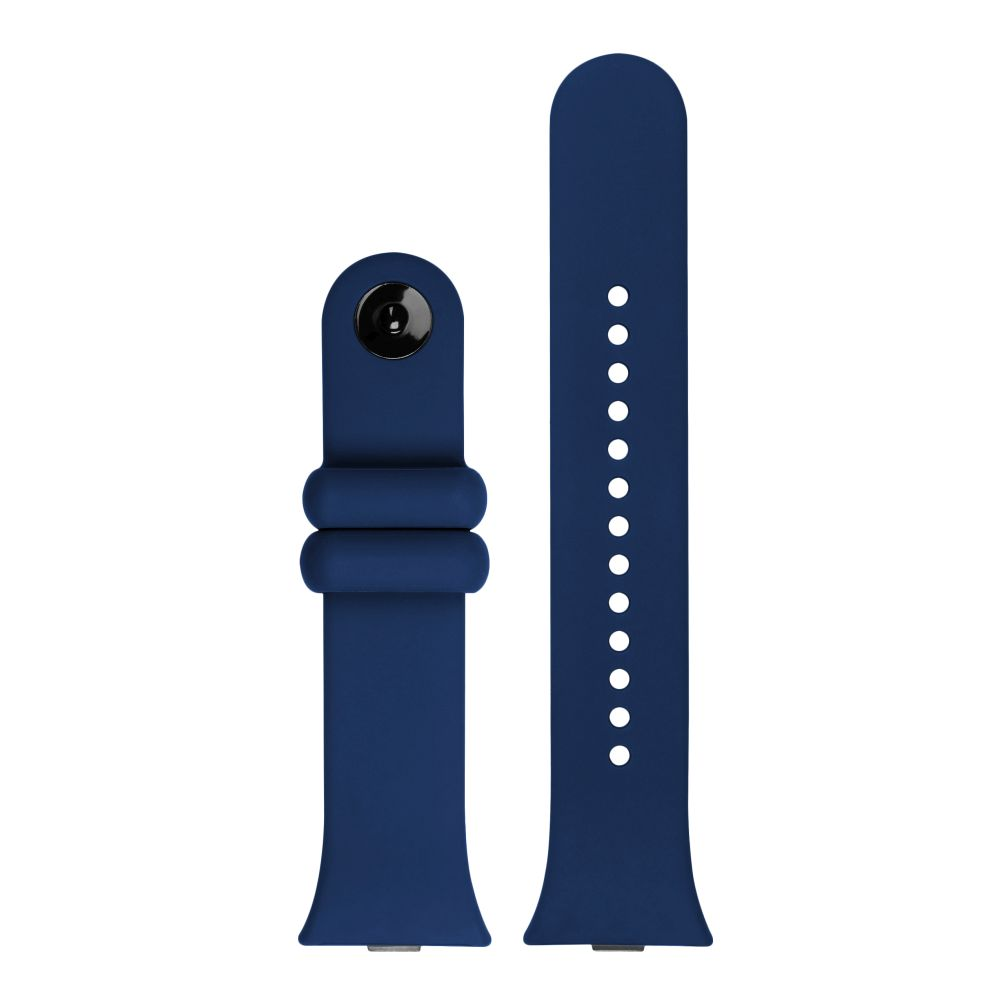 Ein dunkelblaues Uhrenarmband mit geschwungenem Design, mit einem schwarzen Stift an einem Ende und Löchern zur Einstellung.