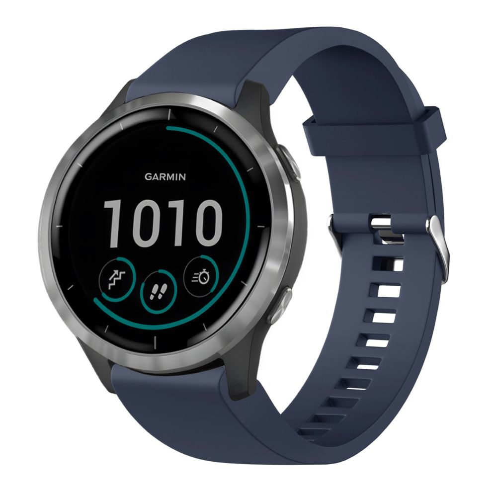 Garmin Smartwatch mit dunkelblauem Armband und schwarzem Bildschirm mit Datenanzeige.