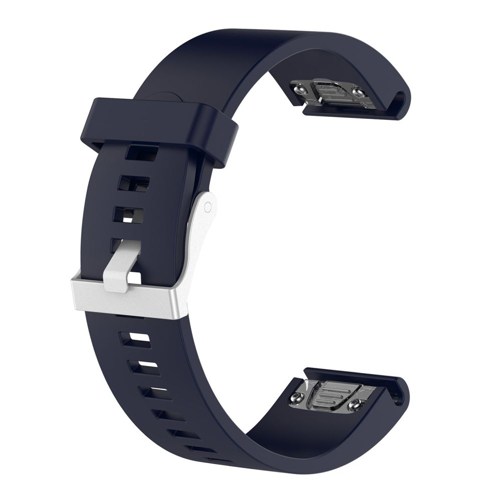 Ein dunkelblaues Uhrenarmband mit Metallverschluss. Das Band hat die Form eines C.