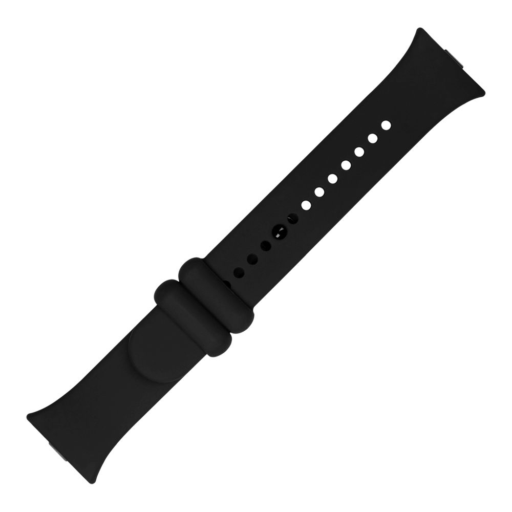 Ein schwarzes Uhrenarmband mit Löchern und gebogenem Design auf weißem Hintergrund.