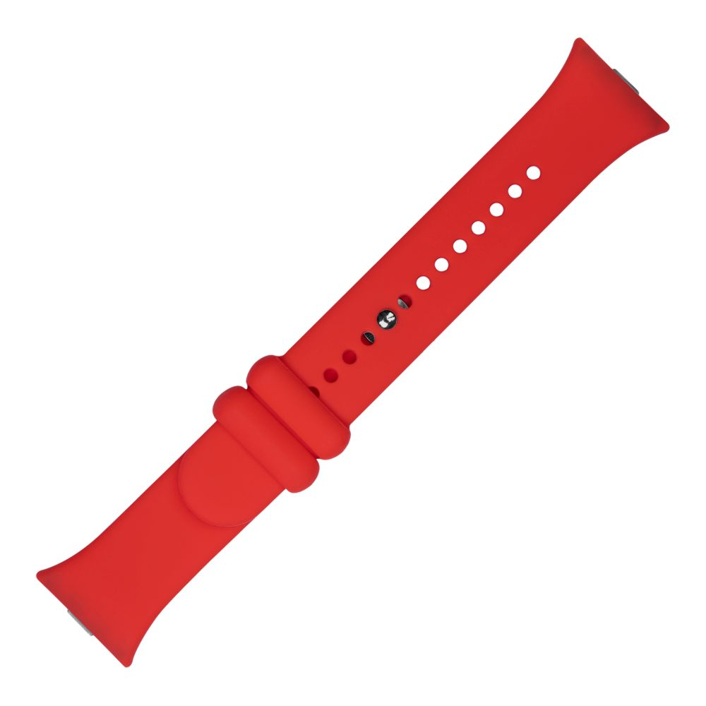 Ein leuchtend rotes Silikon-Uhrenarmband mit mehreren Löchern und einer Schnalle.