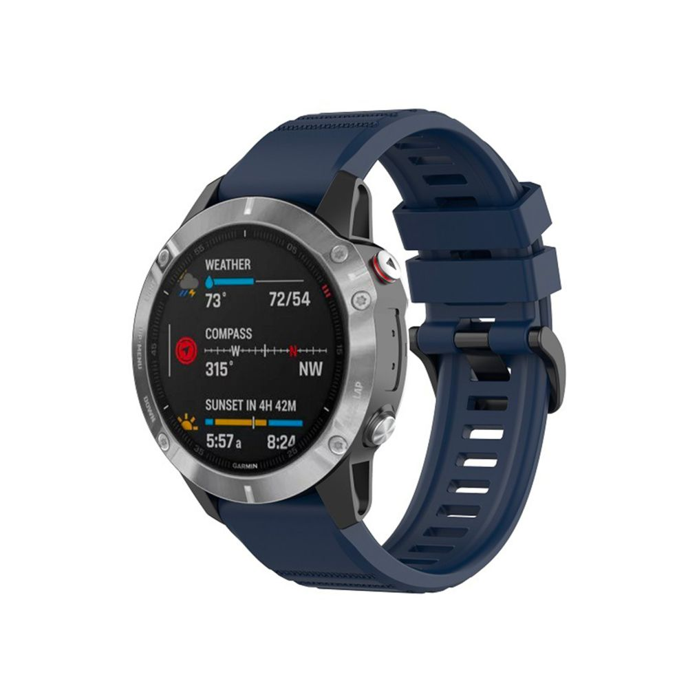 Silberne Smartwatch mit blauem Armband, zeigt Wetter, Kompass und Zeit.