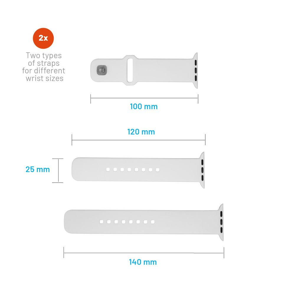 Drei weiße Armbänder in verschiedenen Längen: 100 mm, 120 mm und 140 mm, mit Messungen.
