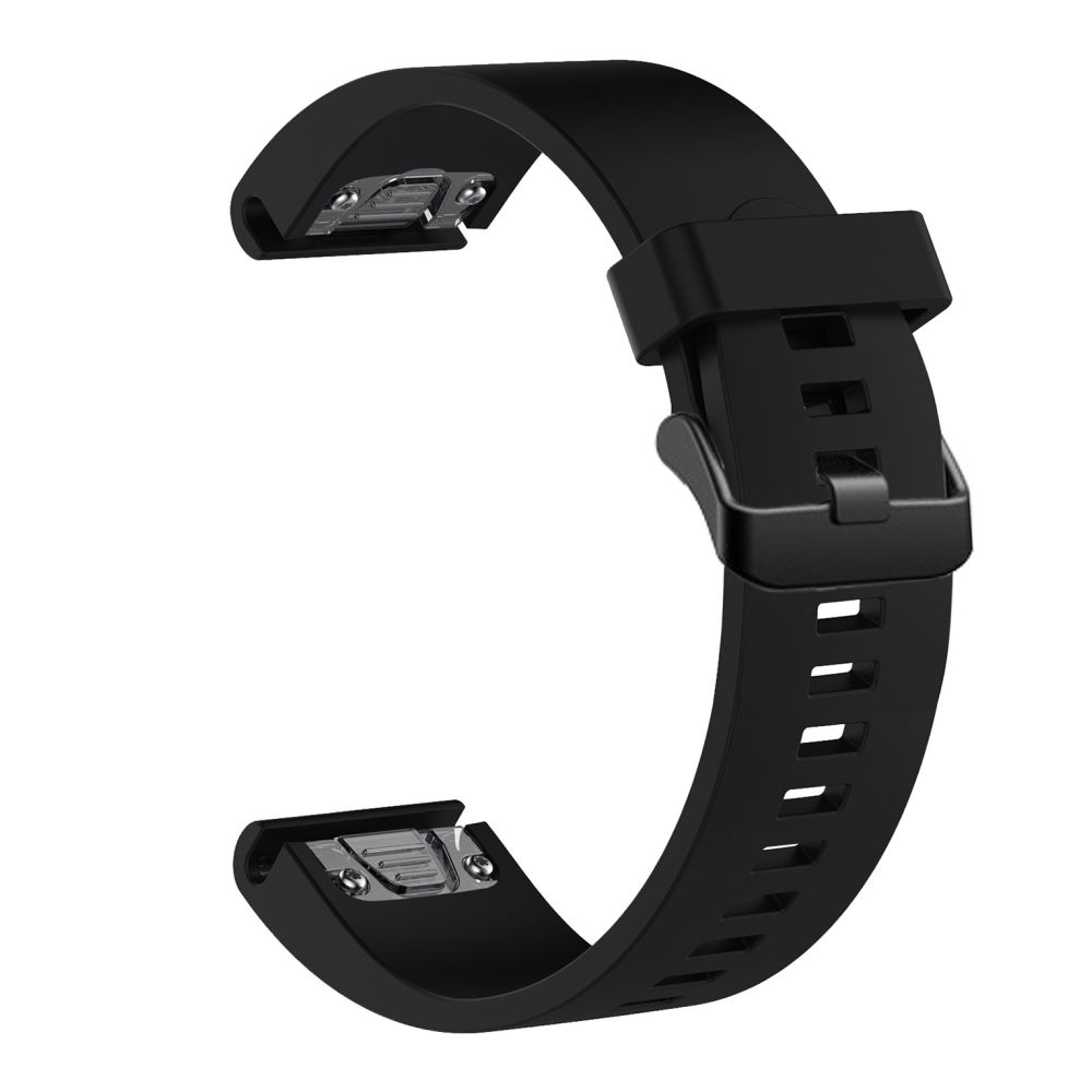 Ein schwarzes Uhrenarmband mit Schnalle, die Bandteile zeigend.