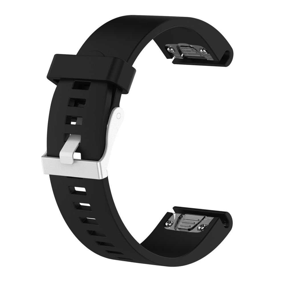 Ein schwarzes Uhrenarmband mit geschwungenem Design, mit weißem Verschluss und Befestigungspunkten.
