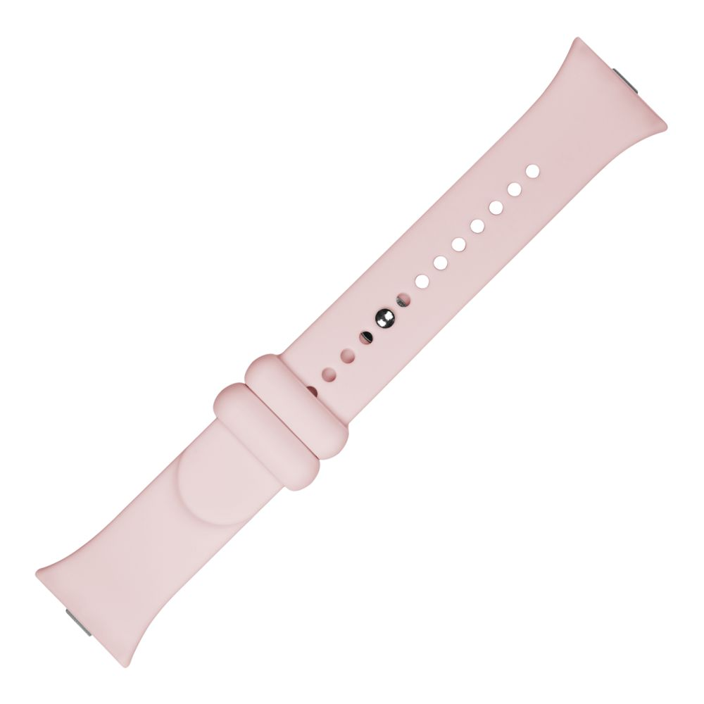 Rosa Smartwatch-Armband mit Löchern und einer Schnalle. Weißer Hintergrund. Oben und unten gebogen.