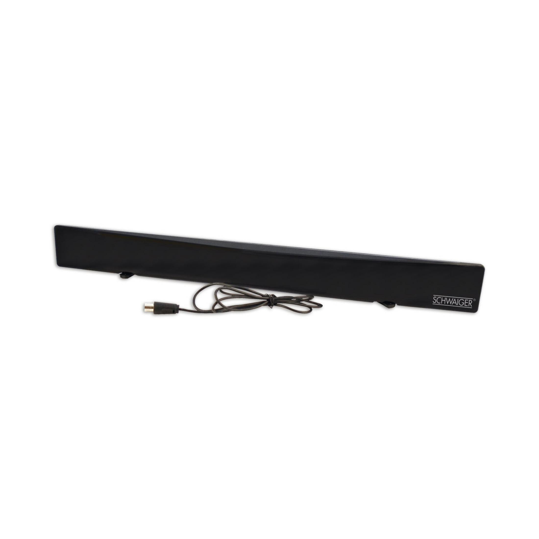 Eine schwarze Soundbar mit Netzkabel und dem Wort SCHWAIGER.