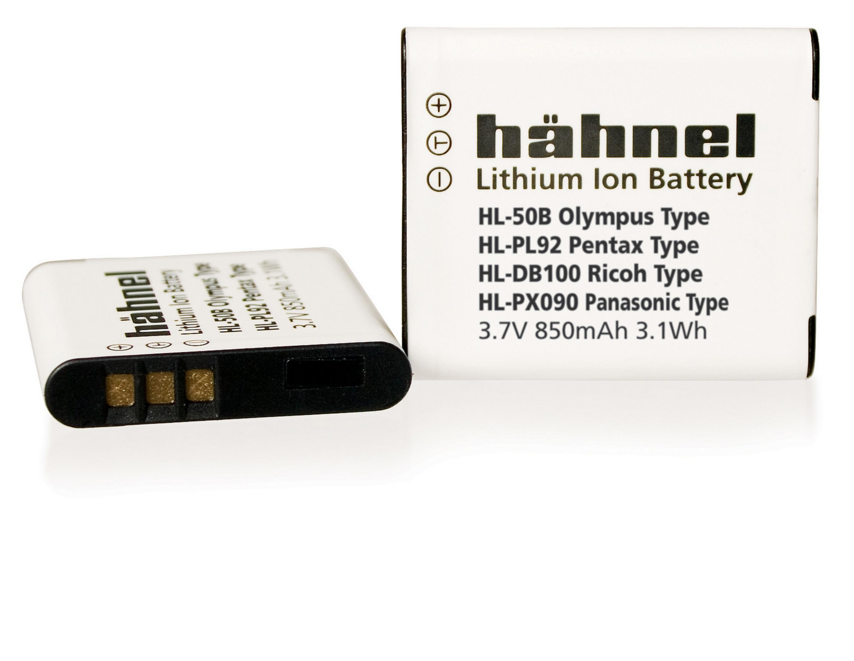 Weiße Hähnel Lithium-Ionen-Batterie für Kameras, mit Produktinformationen auf der Seite.