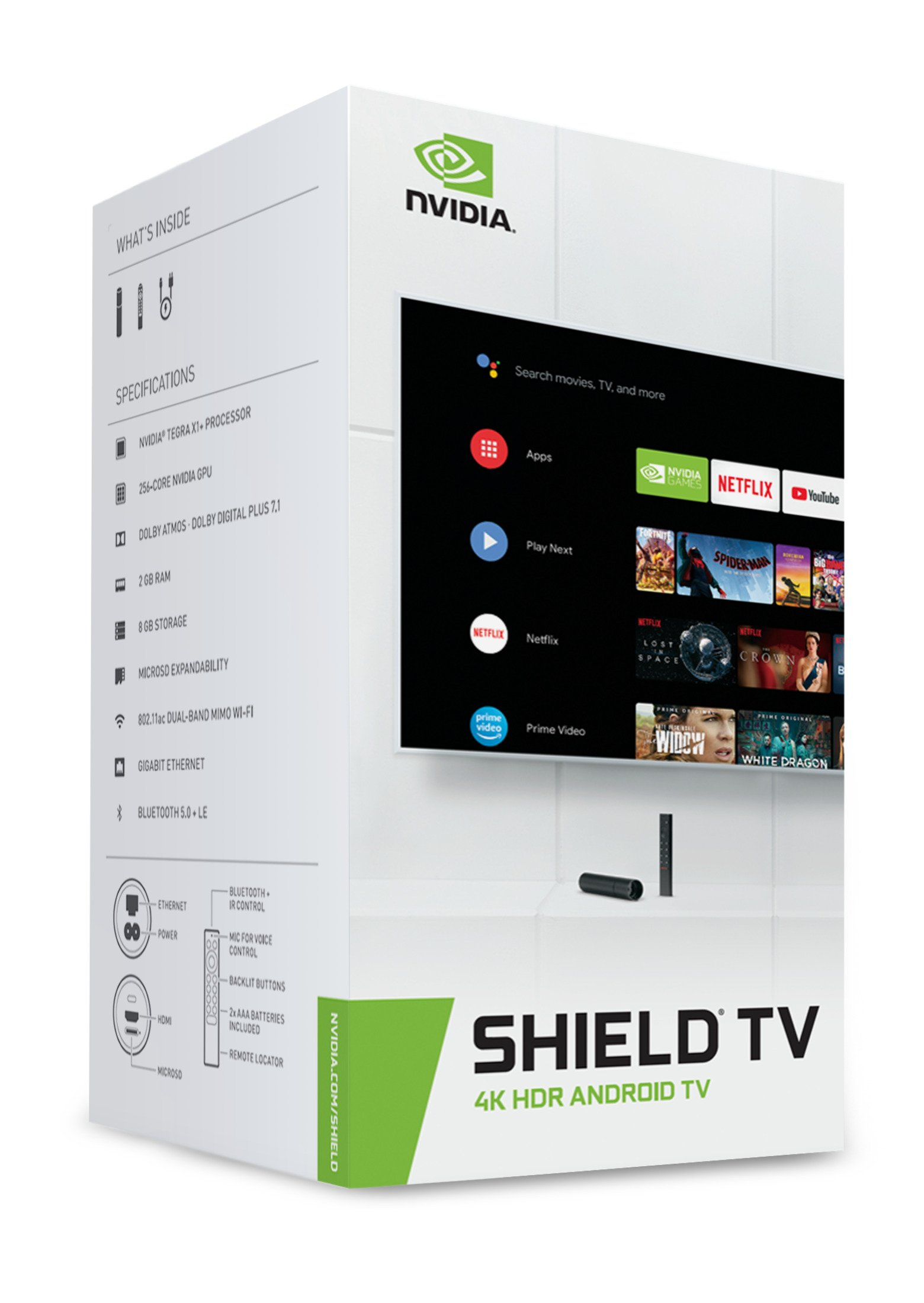 Nvidia Shield TV-Box mit Fernsehbildschirm, der Apps, Fernbedienung und Zubehör zeigt.