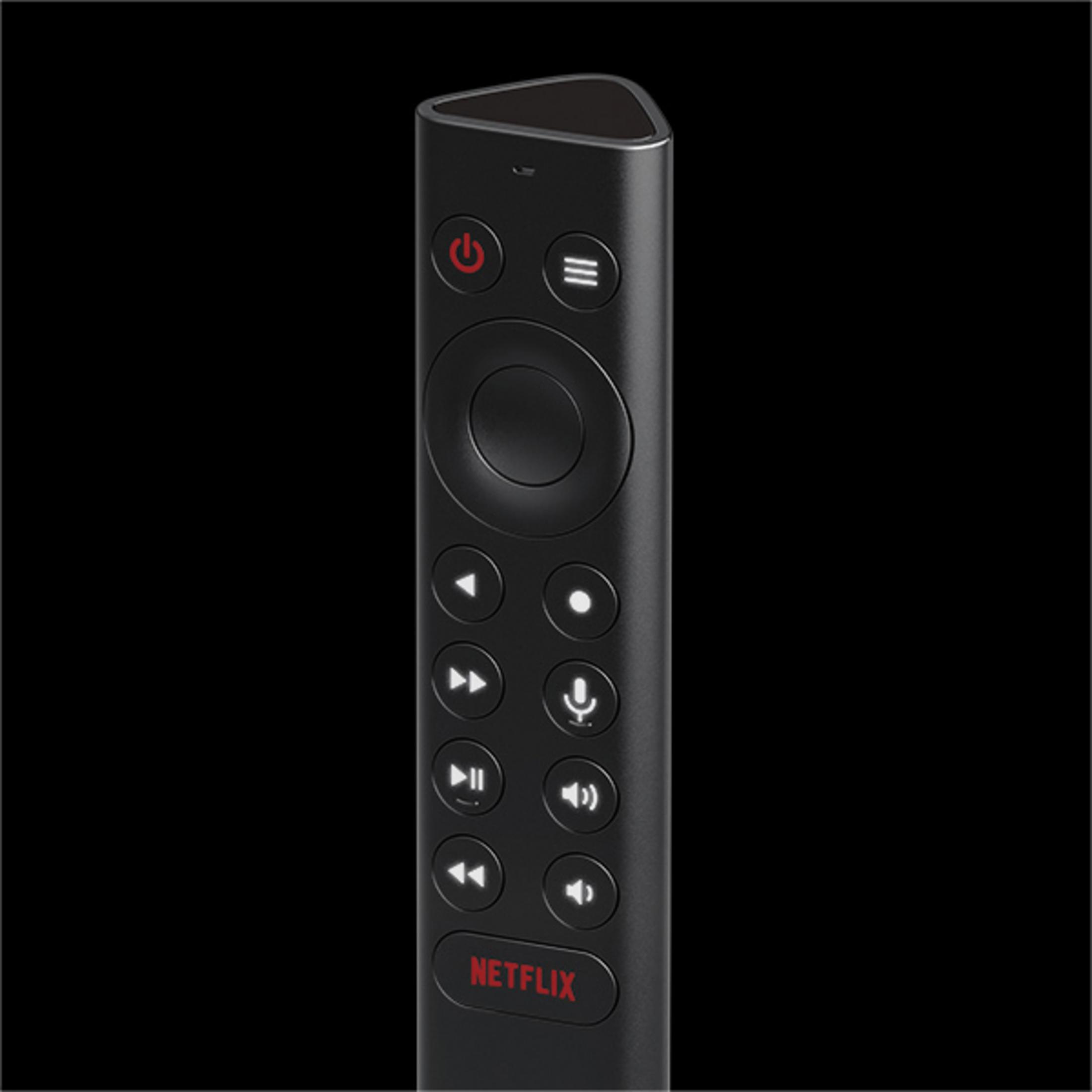 Schwarze Fernbedienung mit Netflix-Taste und Steuertasten.